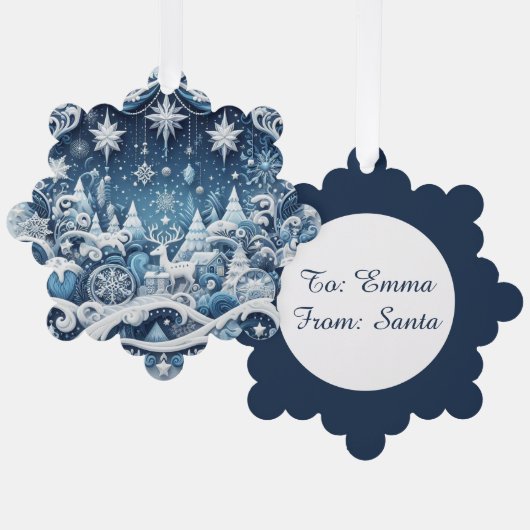Blauw en Wit Chic Christmas Gift Label Ornament Kaart (Voorkant / Achterkant)