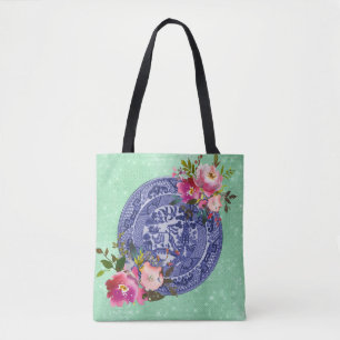 Blauw en wit China blauw wild en Rozen Tote Bag