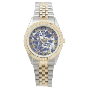 Blauw en wit China Blauw Willow Design Horloge