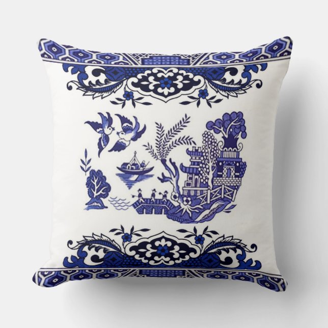 Blauw en wit China Blauw Willow Design Kussen (Voorkant)