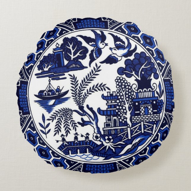 Blauw en wit China Blauw Willow Design Rond Kussen (Voorkant)
