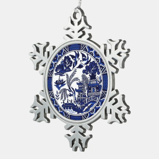 Blauw en wit China Blauw Willow Design Tin Sneeuwvlok Ornament (Rechts)