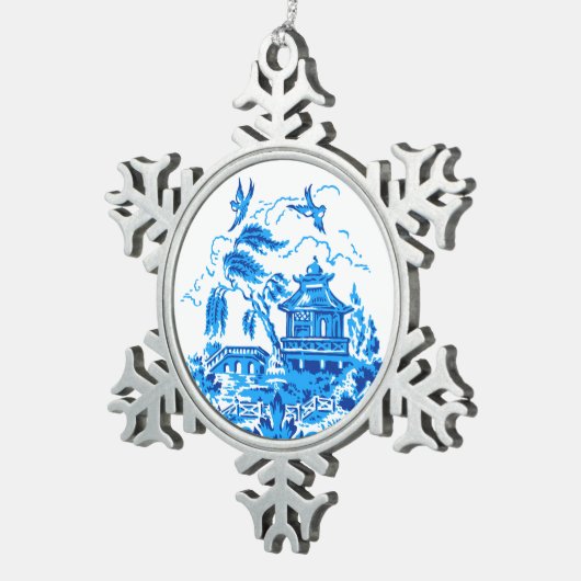 Blauw en wit China Blauw Willow Design Tin Sneeuwvlok Ornament (Rechts)