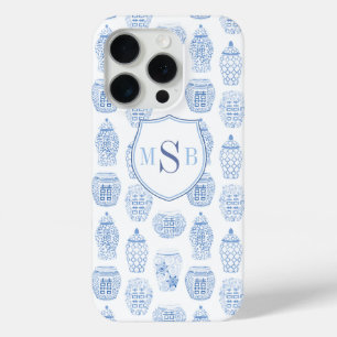 Blauw en wit China Print Monogram Waterverf iPhone 15 Pro Case