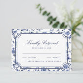 Blauw en Wit Chine de Commande Huwelijk RSVP Kaartje (Staand voorkant)