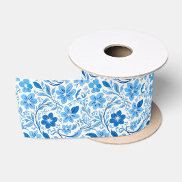 blauw en wit Chinees-antiek bloempatroon Satijnen Lint