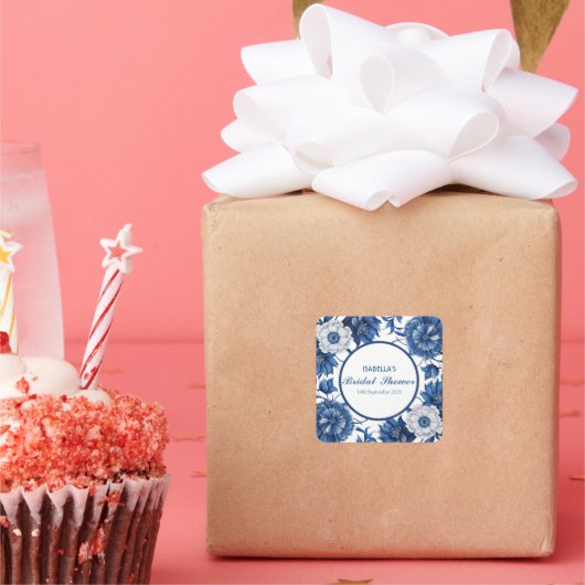 blauw en wit Chinees antiek patroon bruids-  Vierkante Sticker (Feest)