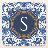 Blauw en wit Chinees bloemmotief monogram Kartonnen Onderzetters (Voorkant)
