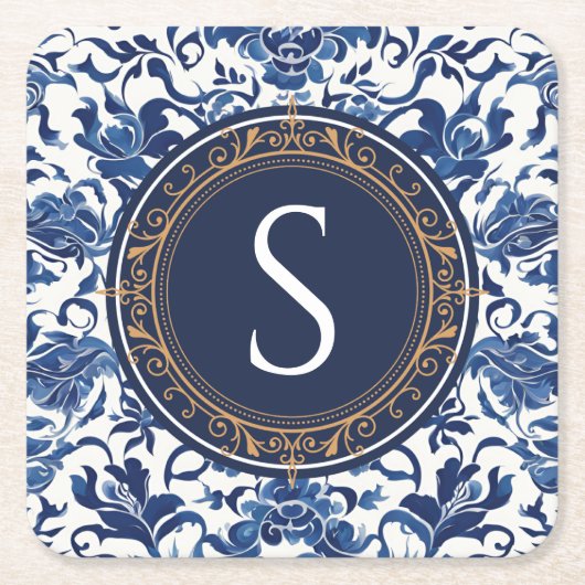 Blauw en wit Chinees bloemmotief monogram Kartonnen Onderzetters (Voorkant)