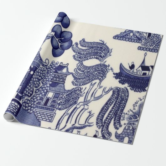 Blauw en Wit Chinees Chinoiserie Decoupage Cadeaupapier (Uitgerold)