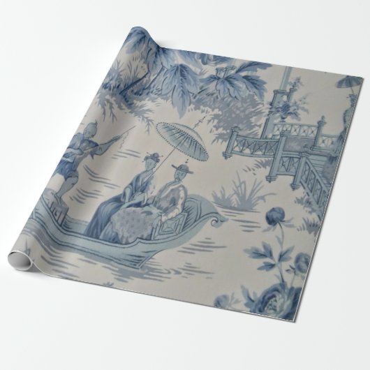 Blauw en Wit Chinees Chinoiserie Decoupage Cadeaupapier (Uitgerold)