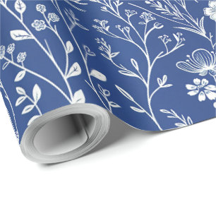 Blauw en wit Chinees wildbloemmotief Cadeaupapier