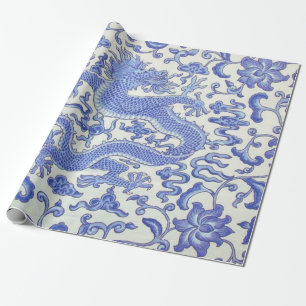 Blauw en Wit Chinese Dragon Bloemen Decoupage Cadeaupapier