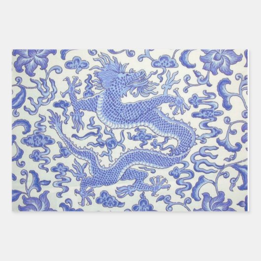 Blauw en Wit Chinese Dragon Bloemen Decoupage Inpakpapier Vel (Voorkant 3)