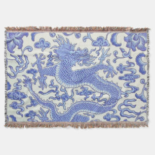 Blauw en wit Chinese Oosterse Draak Bloemen Deken