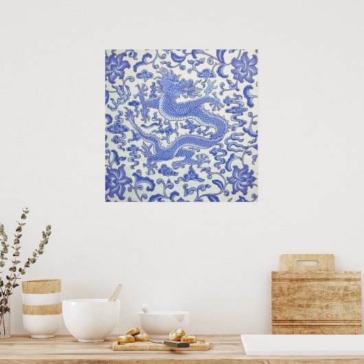 Blauw en wit Chinese Oosterse Draak Bloemen Poster (Keuken)