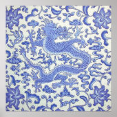 Blauw en wit Chinese Oosterse Draak Bloemen Poster (Voorkant)