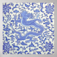 Blauw en wit Chinese Oosterse Draak Bloemen