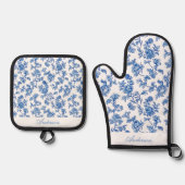 Blauw en wit Chinoiserie aangepaste naam Ovenwant & Pannenlap Set (Voorkant)