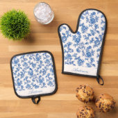 Blauw en wit Chinoiserie aangepaste naam Ovenwant & Pannenlap Set (Top down)
