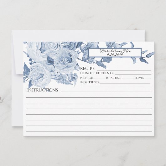 Blauw en Wit Chinoiserie Bloemen Bruidsrecept Kaart (Voorkant)