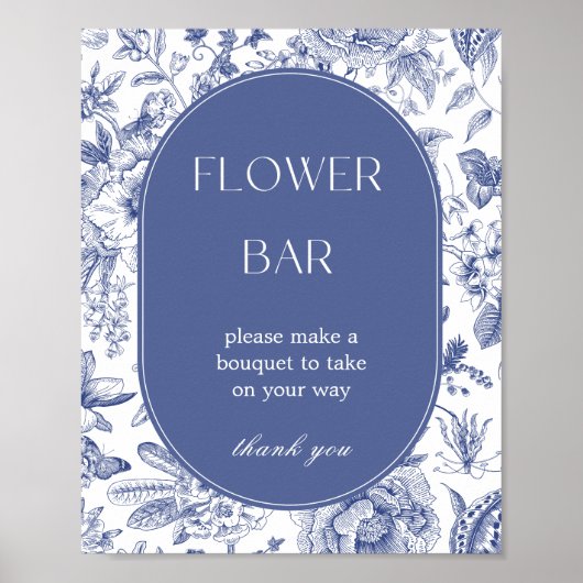 Blauw en Wit Chinoiserie Bloemenbar Teken Poster (Voorkant)