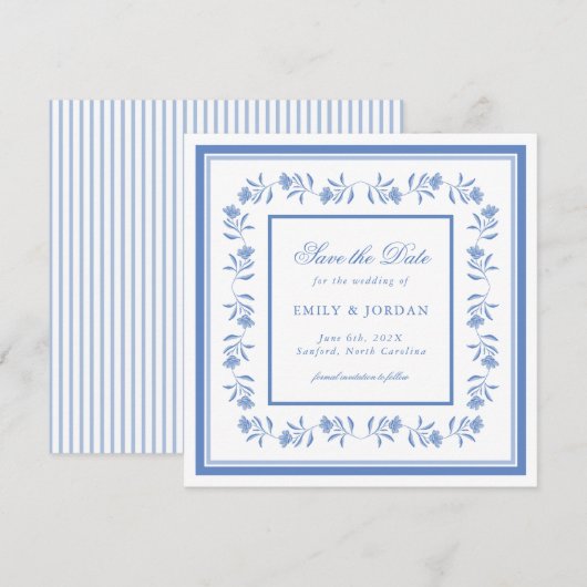 Blauw en wit Chinoiserie Bloemstuk Bewaar de Datum Save The Date (Voorkant / Achterkant)