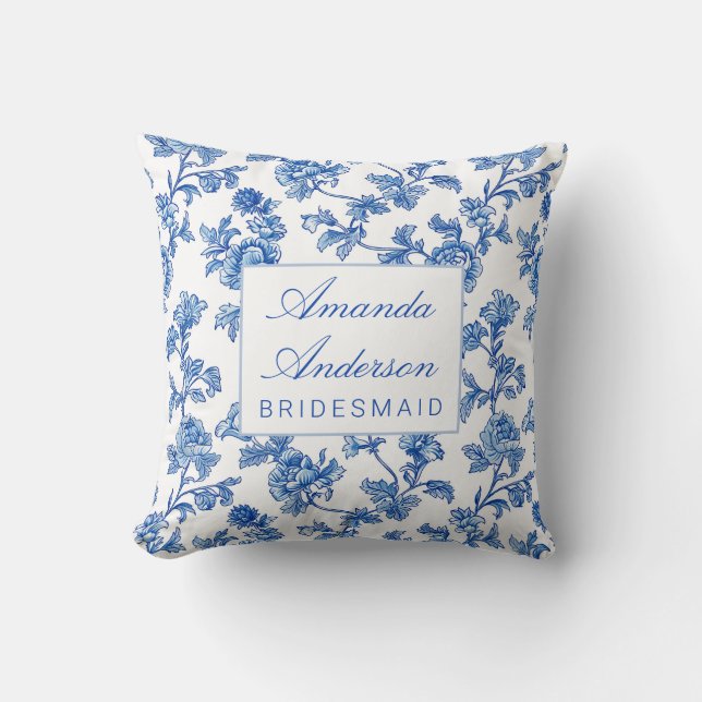 Blauw en wit chinoiserie bruidsmeisje cadeau kussen (Voorkant)