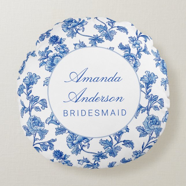 Blauw en wit Chinoiserie Bruidsmeisje Cadeau Rond Kussen (Voorkant)