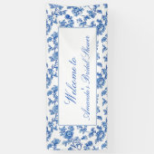 Blauw en wit Chinoiserie Bruiloftsfeest Spandoek (Verticaal)