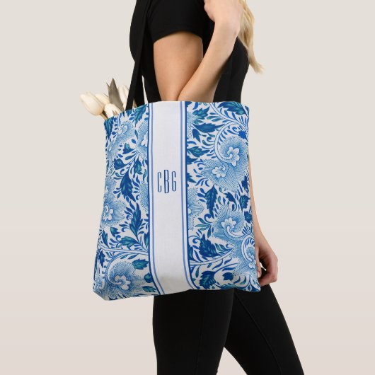 Blauw en Wit Chinoiserie Chic Tas met Monogram (Dichtbij)