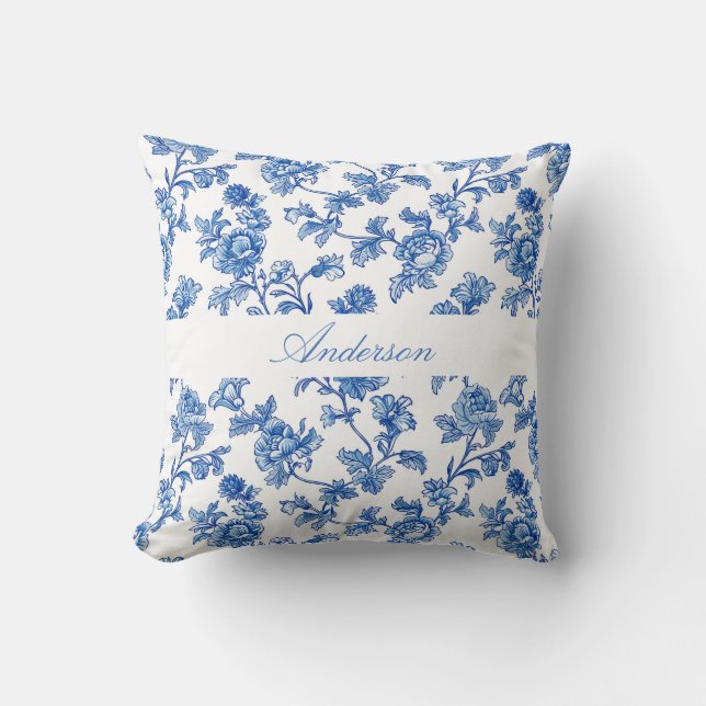 Blauw en Wit Chinoiserie Custom Name Kussen (Voorkant)