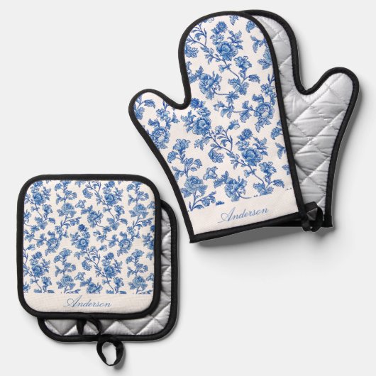 Blauw en Wit Chinoiserie Custom Name Ovenwant & Pannenlap Set (Voorkant / Achterkant)