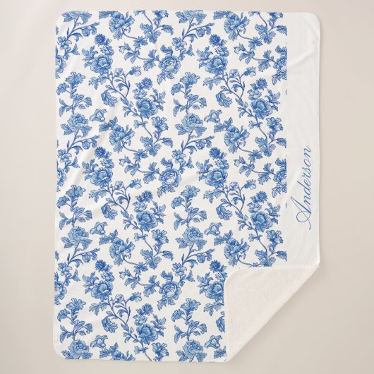 Blauw en Wit Chinoiserie Custom Name Sherpa Deken (Voorkant)