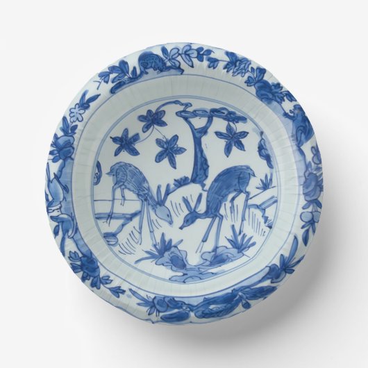 Blauw en wit Chinoiserie Deer Faux China Papieren Kommen (Voorkant)
