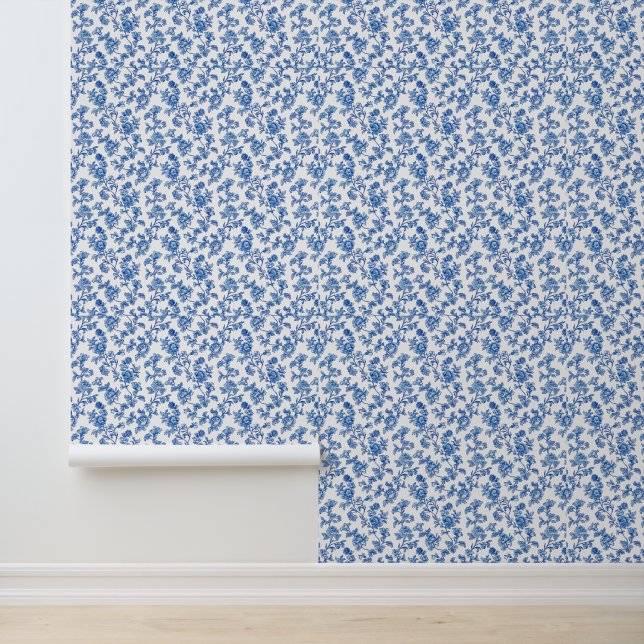 Blauw en wit Chinoiserie Floral Behang (Applicatie)