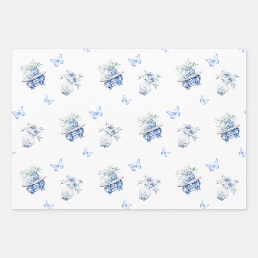 Blauw en wit Chinoiserie Floral Inpakpapier Vel (Voorkant)
