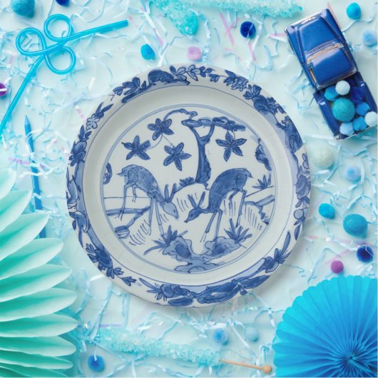 Blauw en wit chinoiserie herten nep porselein papieren bordje (Feest)