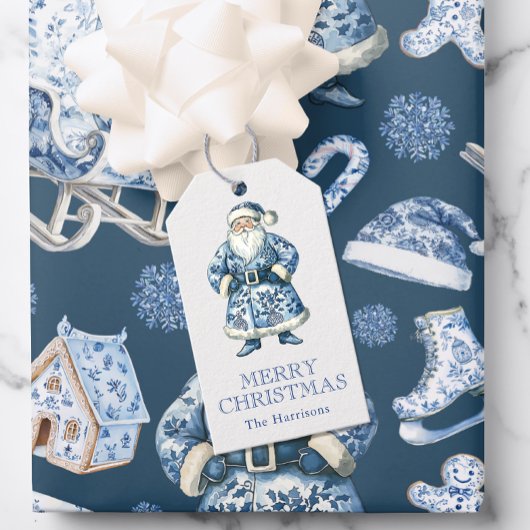 Blauw en wit Chinoiserie Kerstman Cadeaulabel