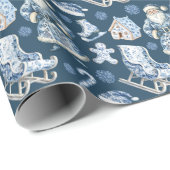 Blauw en wit Chinoiserie Kerstman Cadeaupapier (Rol Hoek)