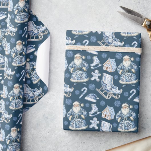 Blauw en wit Chinoiserie Kerstman Cadeaupapier