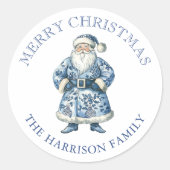 Blauw en wit Chinoiserie Kerstman Ronde Sticker (Voorkant)