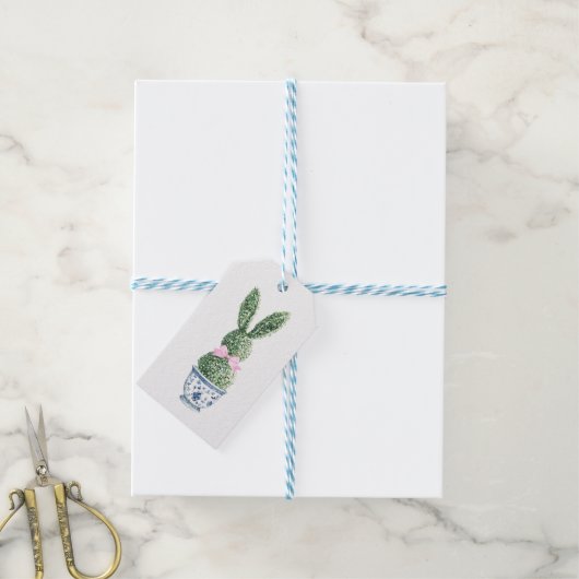 Blauw en wit chinoiserie met konijn topiaire cadeaulabel (Met Touw)