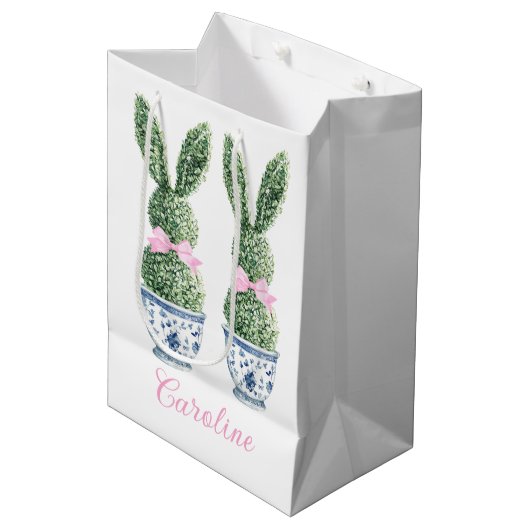 Blauw en wit chinoiserie met konijn topiaire medium cadeauzakje (Voorkant Gekanteld)