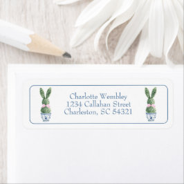 Blauw en wit chinoiserie met konijn topiary etiket