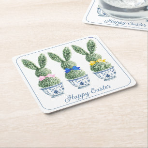 Blauw en wit chinoiserie met konijn topiary kartonnen onderzetters