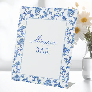 Blauw en wit Chinoiserie Mimosa Bar Reclamebord Met Voetstuk