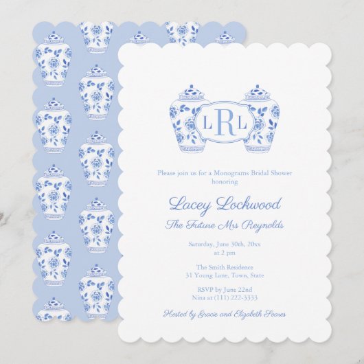 Blauw en wit chinoiserie monogram bruidsdouche kaart (Voorkant / Achterkant)