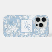 Blauw en wit chinoiserie monogram iPhone hoesje (Achterkant horizontaal)