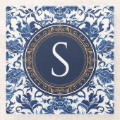 Blauw en wit chinoiserie monogram met goud glazen onderzetter (Voorkant)